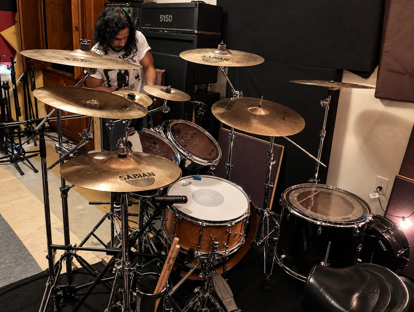 Drum room: the kit set up for tracking.