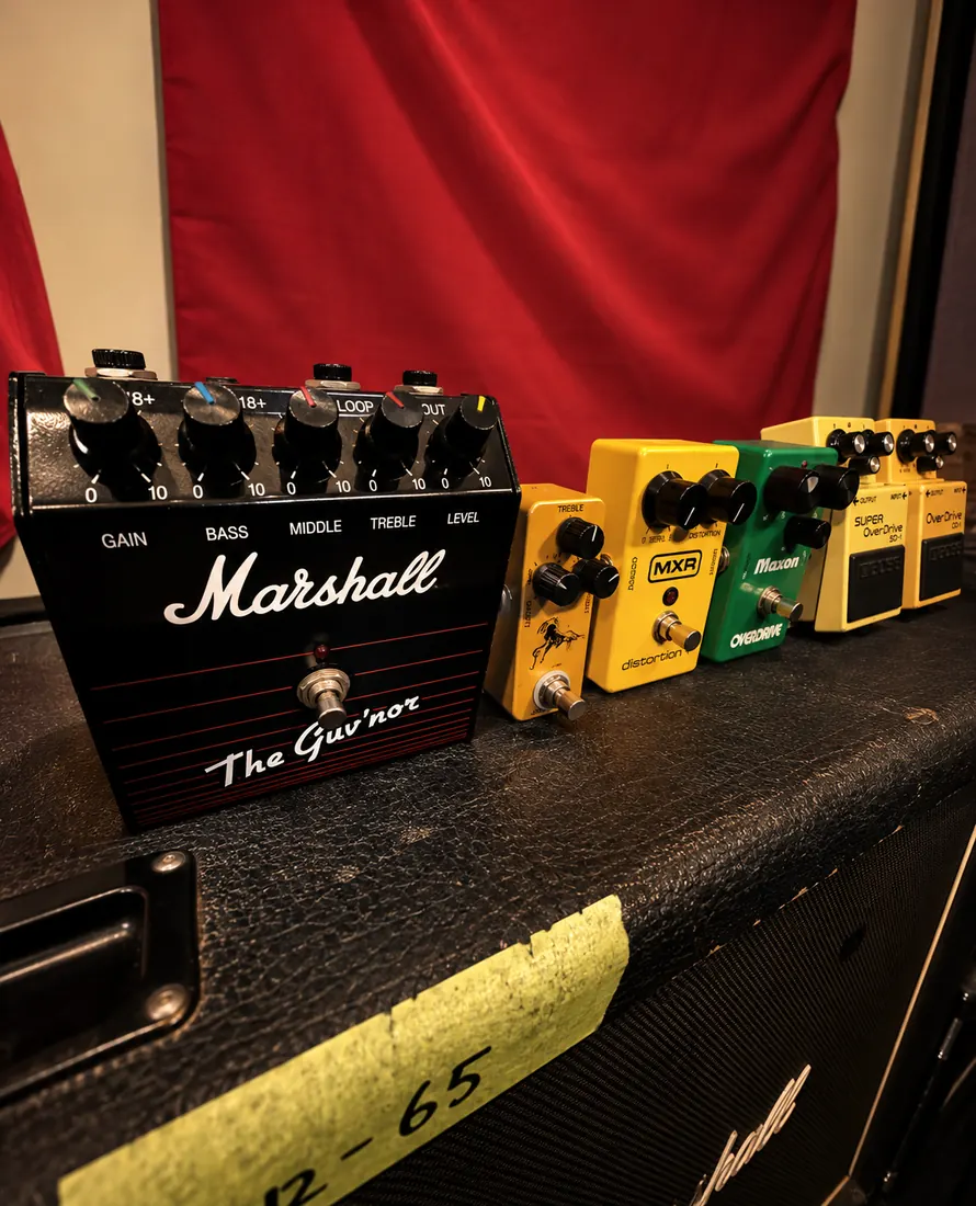 Pedales de overdrive y distorsión alineados sobre un amplificador.
